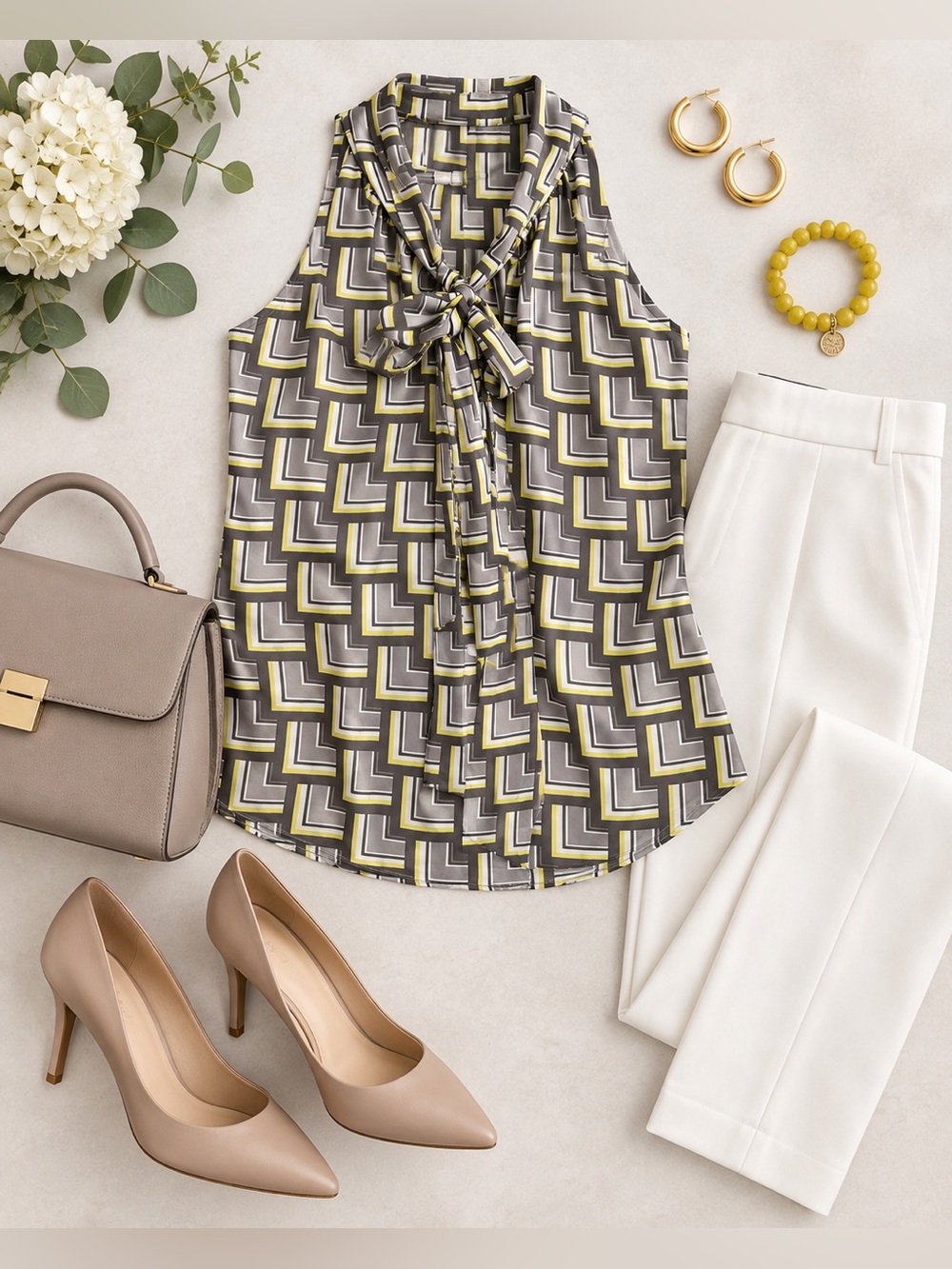 Banana Republic Gray Yellow Geometric Tie Neck Sleeveless Blouse